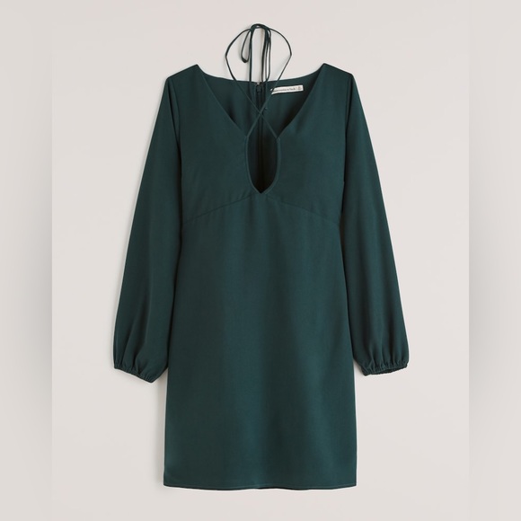 Abercrombie Women's Long-Sleeve Strappy Halter Mini Dress in Dark Green XS - Picture 2 of 7